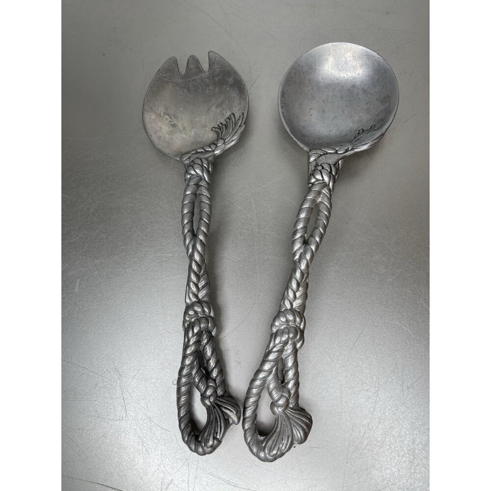 Vintage Arthur Court Pewter Nautical Rope Western Motif Salad Serving Set